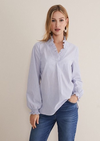 Phase Eight Izara Cotton Striped Ruffle Shirts Blue/White Canada | WPUFQA-928